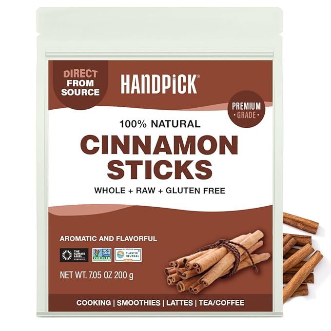 HANDPICK Cinnamon Sticks (7 oz) 100% Raw, Non-GMO, Gluten-Free | Premium Quality | Resealable Ziplock Pouch | Perfect for Baking, Cooking & Beverages (Packaging may vary)