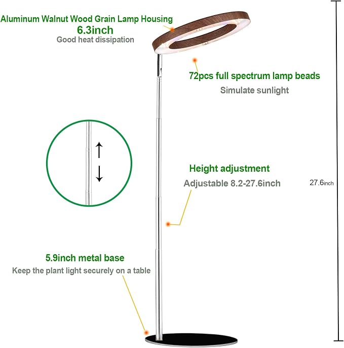Yadoker 144 LEDs Plant Grow Light for Indoor Plant,Walnut Wood Grain Aluminum LED Grow Light with Black Base, Height Adjustable,6.3" Aluminum Housing,Automatic Timer with 8/12/16 Hours,2 Pack