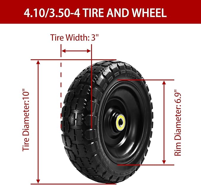 10" Flat Free Tires (4-Pack), 4.10/3.50-4 Solid Rubber Wheels for Gorilla Carts, Garden Wagons, Wheelbarrows & Utility Carts - 5/8" Axle Bore, 2.1" Offset Hub, Heavy Duty No-Flat Replacement