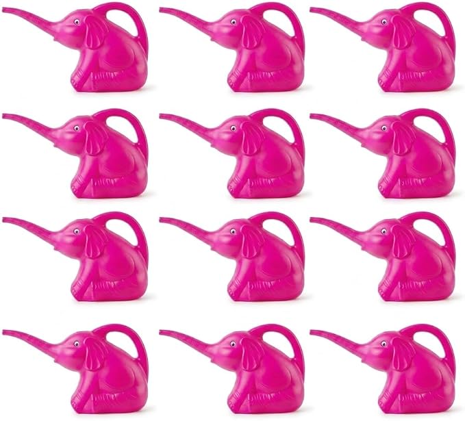 PMU 12Pcs 2-Quart Elephant Watering Can – Durable Plastic Garden Watering Can for Indoor & Outdoor Plants, Easy-Pour Spout, Large Water Pot, Pink