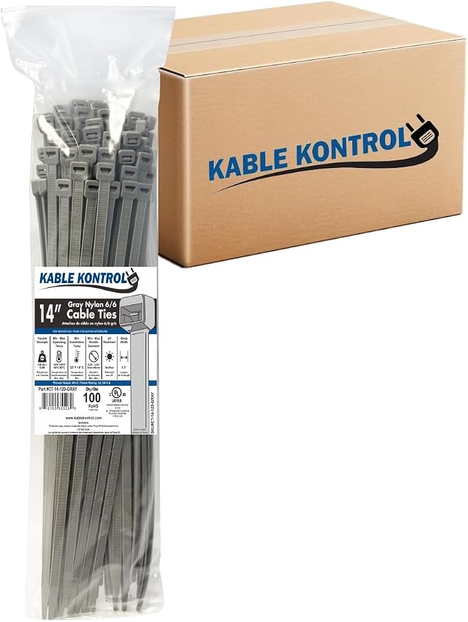 Kable Kontrol Gray Zip Ties Bulk Pack 14 Inch 3500 Pcs, 120 Lbs Tensile Strength, Self-locking Nylon Colored Cable Ties Wire Wraps for Indoor or Outdoor Use