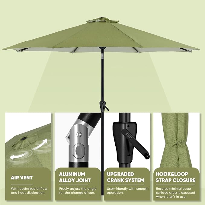 Tempera Patio Market Outdoor Table Umbrella with Push Button Tilt and Crank, Large Sun Umbrella with Sturdy Pole & Fade Resistant Canopy, Easy to Set