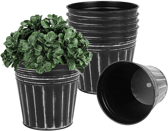 vensovo 5 Inch Galvanized Bucket Planter - 6 Pack Metal Flower Pots with Drainage Holes & Plugs, Rustic Black Tin Pots for Indoor Herbs, Outdoor Succulents, Farmhouse Home Garden Decor
