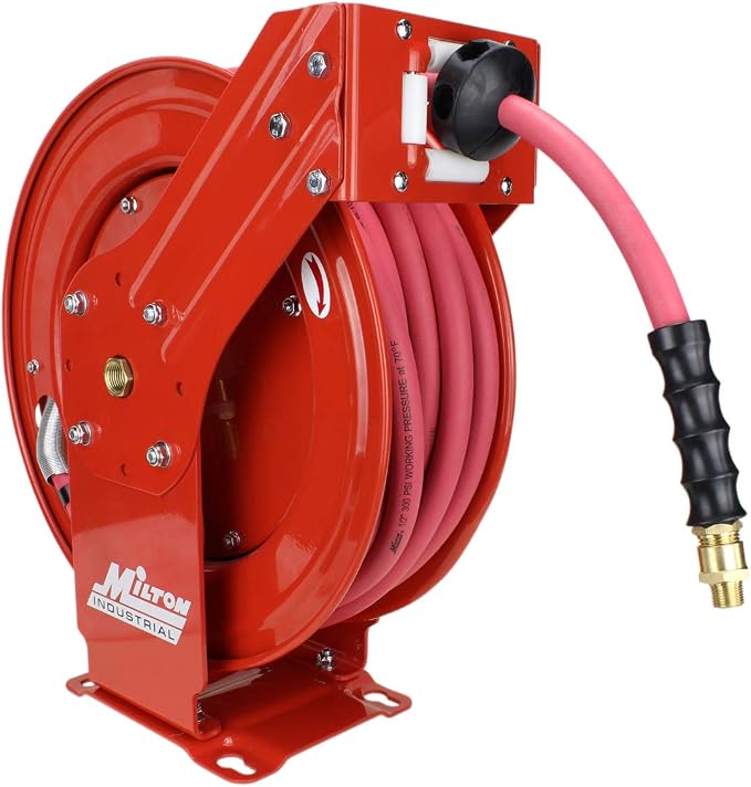MILTON Industrial Hose Reel 2790-50D, Auto Retractable, Chemical Resistant, Prevent Cracking, Flexible in Extreme Conditions,1/2” Hose ID, 50 Foot Rubber Hose, 300 PSI Max Pressure,1/2" Male NPT, Red