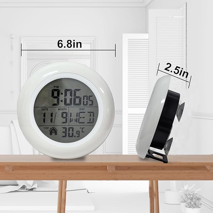 Digital Bathroom Waterproof Clock, Indoor White Wall Clock with Suction Cup, Plastic Frame, Flexible Choice for Hanging Or Standing, Modern Silent Small Wall Clock for Living Room and Kitchen