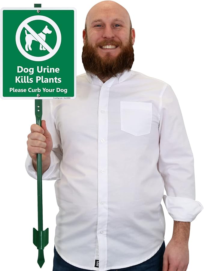 SmartSign 12 x 10 inch “Dog Urine Kills Plants - Please Curb Your Dog” LawnBoss Yard Sign with 3 foot Stake, 40 mil Laminated Rustproof Aluminum, White and Green, Set of 1
