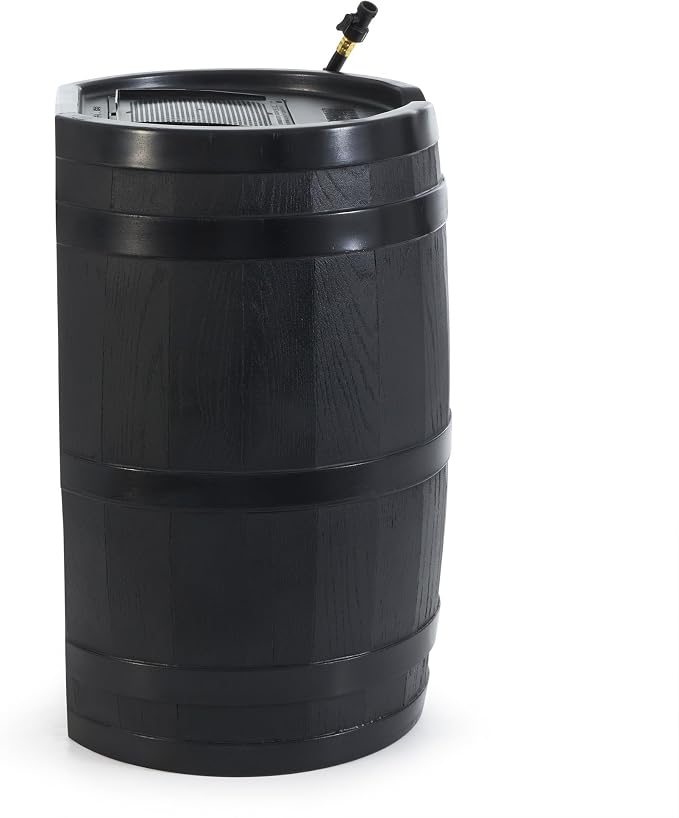 FCMP Outdoor RC45 45-Gallon Rain Barrel, Flat-Back Gutter Downspout Collector, Black - Includes 3.5-ft Hose, Shut-Off Valve & Debris Screen for Garden Rainwater Harvesting