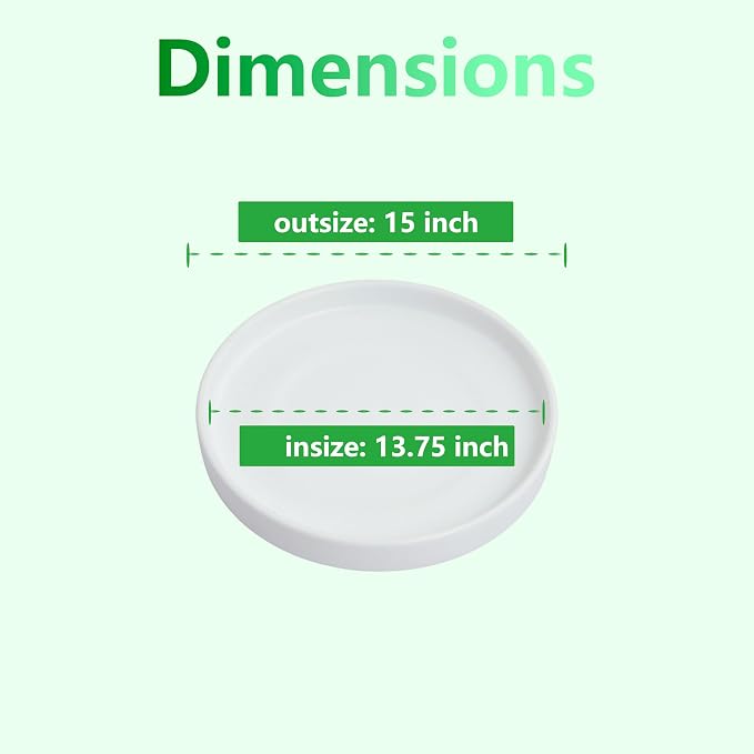 15 Inch Ceramic Saucer - Drainage Tray for Plant Pot (Matte White) | 15" ceramic plant saucer for 12" & 13" pots, heavy-duty waterproof drainage tray protects floors and furniture.