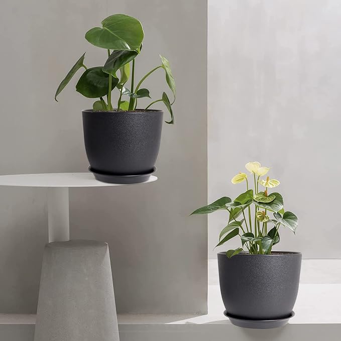 UOUZ 12/10/9 Large Modern Plant Pots, Plastic Planters with Drainage Holes and Saucers for Indoor Outdoor Plants Flowers, Black