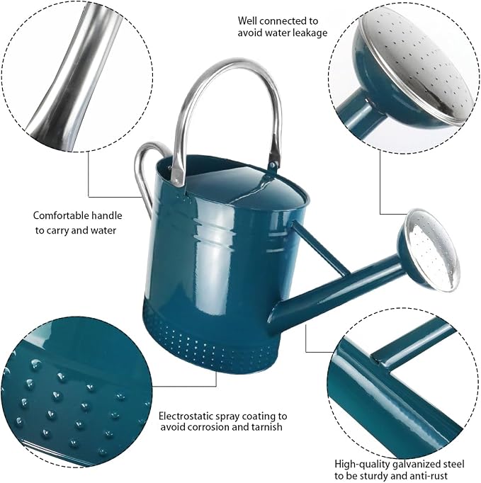 2 Gallon Meltal Garden Watering Can Removable Spout, Galvanized Steel Large Water Can with Embossed Design for Outdoor Indoor Plants (Ocean Blue, 2 Gallon)