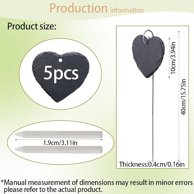 Slate Plant Labels Garden Markers Signs Labels with Stainless Steel Stake & Marker Pen Waterproof Slate Plant Labels for Flowers, Herbs, Potted Plants, Seed (Heart, 5PCS)