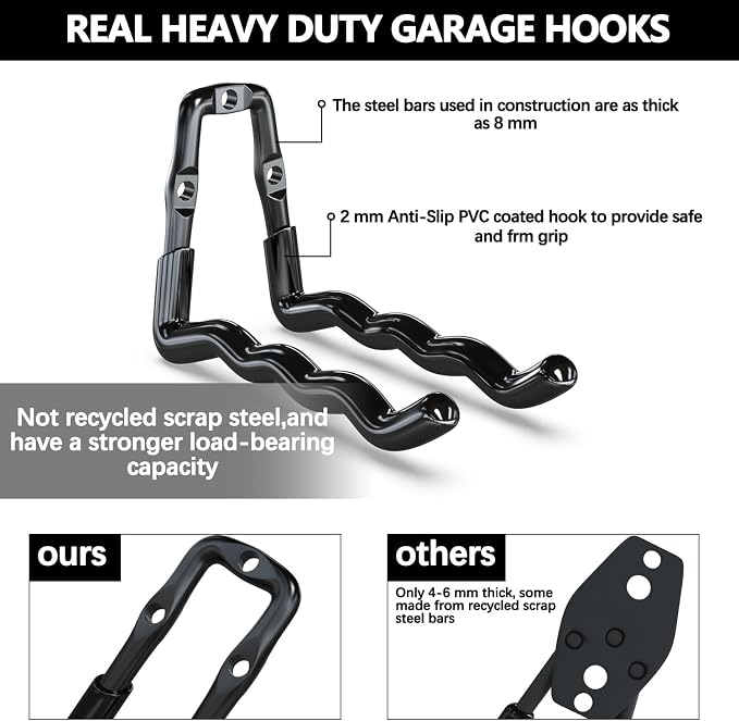 3-H Garage Hooks, Heavy Duty 6 Pack Wall Mount Storage Organizer