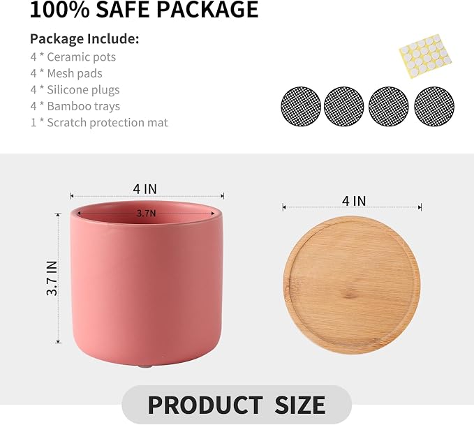 4 Inch Ceramic Plant Pot with Saucer, Multicolor Planters Pots with Drainage Hole and Mesh Pads for Succulent, Indoor Flowers, Snake Plants, Cactus, Herbs, Set of 4 (Plant Not Included)