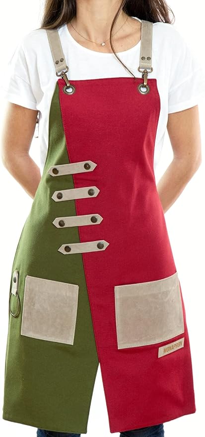 MONAPRON Apron for Women and Men Waterproof Canvas Extra Pocket for Chef Barista Gardening BBQ Grilling Crossback Unisex
