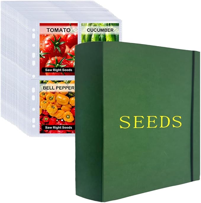 Extra Large Seed Storage Organizer Binder,3 Ring Seed Packet Organizer with 200 Pockets(50 Pack Clear Sheet Protectors), Garden Seed Holder Book for Envelopes, Seed Saving Keeper, Green