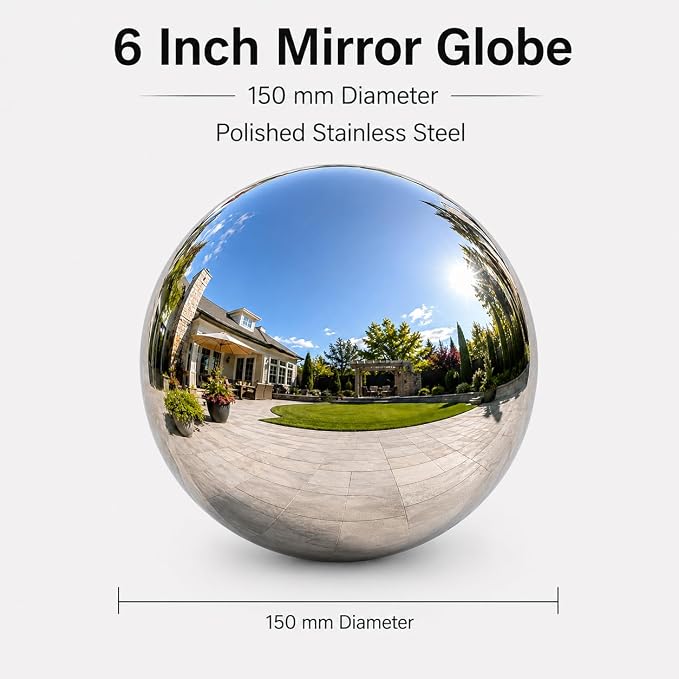 Gazing Ball Garden Mirror Outdoor - 6 Inch Outside Decorative Globe, Silver | Metal Polished Reflective Sphere, Stainless Steel Hollow Decoration Ornament for Home Pond Swimming Pool Housewarming Gift