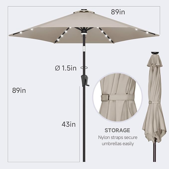 FLAME&SHADE 7.5 FT Solar Light Patio Umbrella, 24 LED Lights Outdoor Umbrella with Centre Surround Light, Table Umbrella Outdoor Patio for Deck, Pool, Backyard, Garden, UV Protection (Taupe)