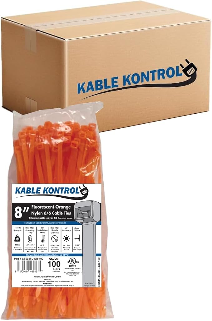 Kable Kontrol Fluorescent Orange Zip Ties 8 Inch 10,000 Pcs, 50 Lbs Tensile Strength, Bulk Pack, Self-locking Nylon Colored Cable Ties Wire Wraps for Indoor or Outdoor Use