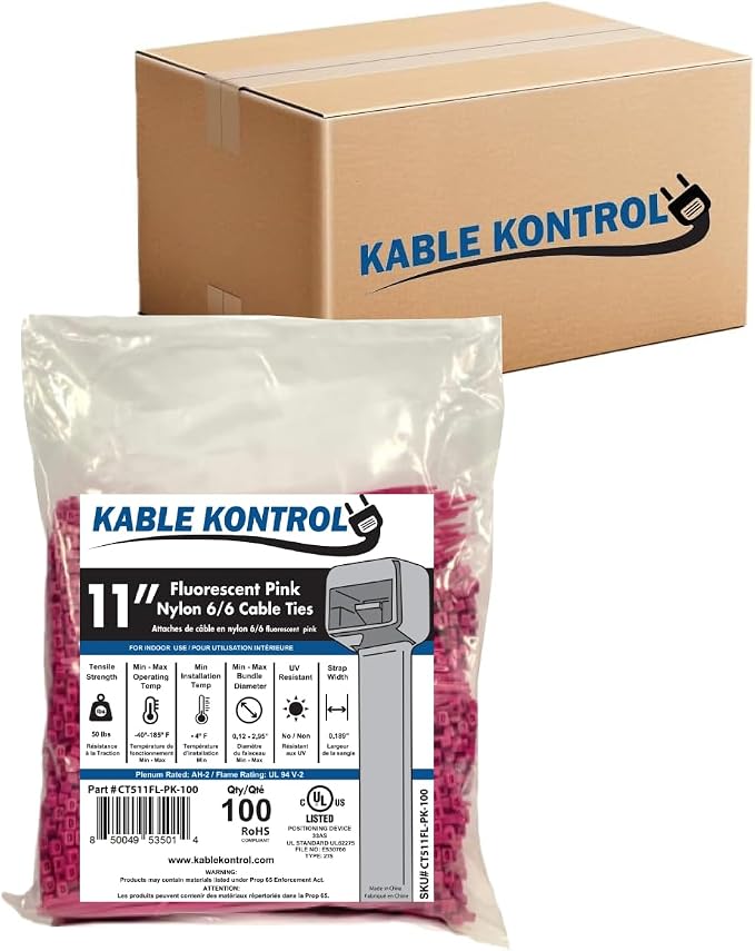 Kable Kontrol Fluorescent Pink Zip Ties 11 Inch 8,500 Pcs, 50 Lbs Tensile Strength, Bulk Pack, Self-locking Nylon Colored Cable Ties Wire Wraps for Indoor or Outdoor Use