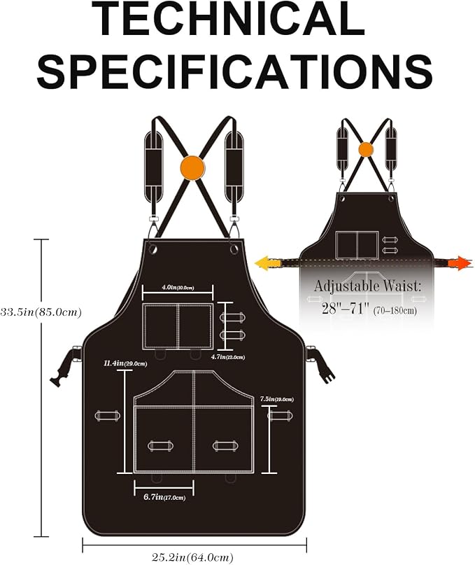 Heavy Duty Canvas Tool Aprons for Men: 6-Pocket, with Quick-Release Buckle, Ergonomic X-Cross Back, Adjustable Waist 28"–71", Mechanics Apron for Men, Ideal for Woodworking, Workshop, DIY & Carpentry