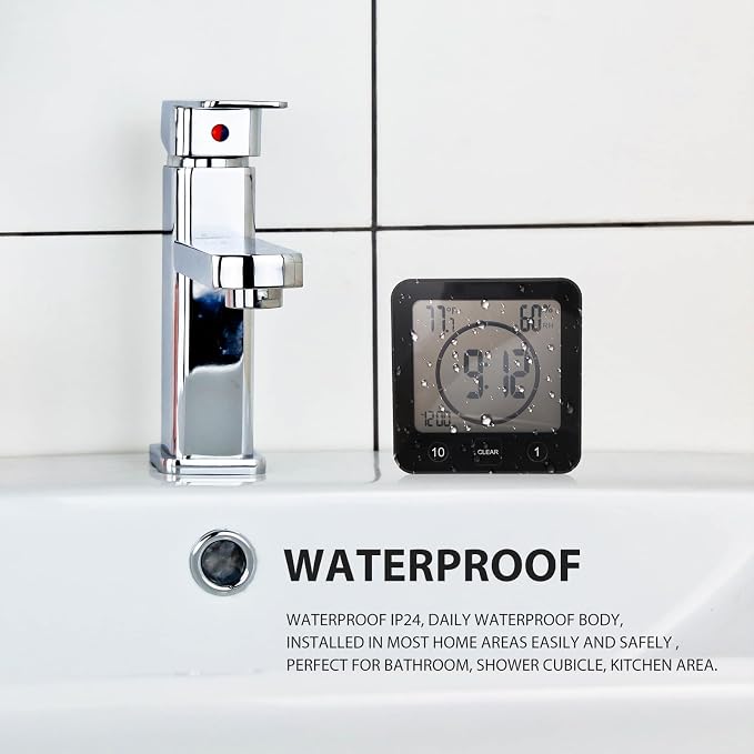 Digital Bathroom Shower LCD Wall Clock with Suction, Waterproof Temperature Humidity Gauge, Touch Screen Timer, Large Countdown Timer (Black)