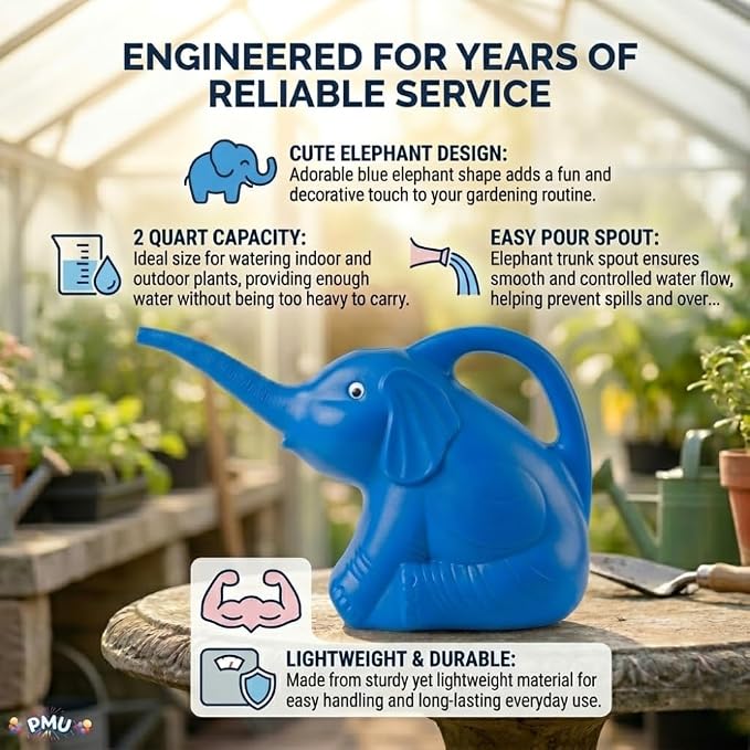 PMU 6Pcs 2-Quart Elephant Watering Can – Durable Plastic Garden Watering Can for Indoor & Outdoor Plants, Easy-Pour Spout, Large Water Pot, Blue