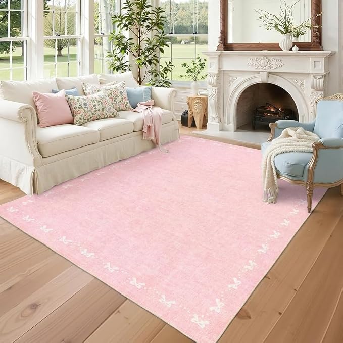 COZYLOOM 5x7 Bow Border Washable Rug for Entryway Indoor, Modern Solid Color Living Room Rug with Non Slip Backing, Stain Resistant Non Shedding Farmhouse Rugs for Bedroom, Dining Room, Nursery, Pink