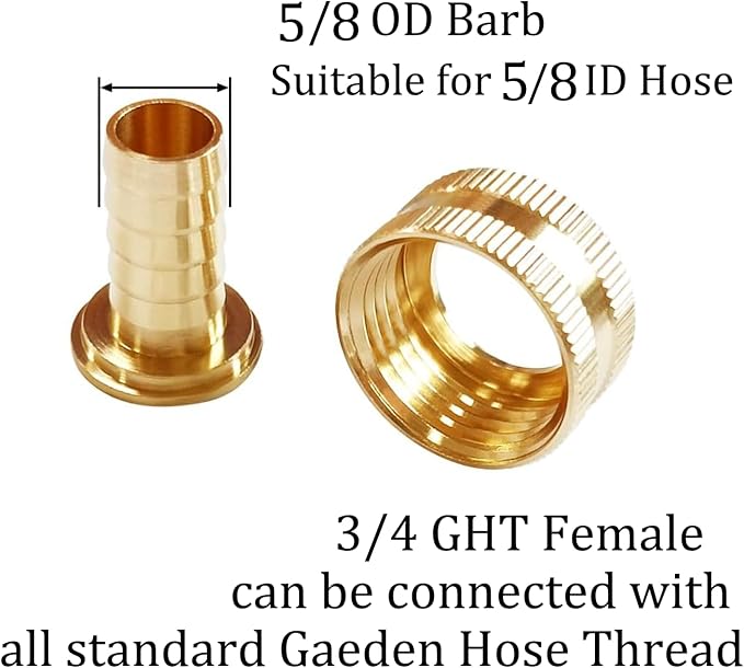 Brass Garden Hose Adapter Fitting, 5/8” Barb and 3/4” GHT Female Connector, Heavy-Duty High-Pressure Support, Rust and Corrosion Resistant (4PCS)