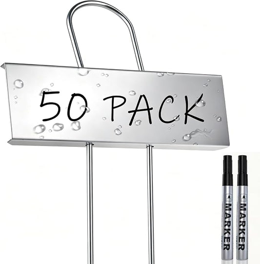 50 Pack Metal Plant Labels with 2 Pens - 10.6" Weatherproof Garden Markers, Reusable Nursery Tags for Vegetables Herbs Flowers Seedlings, Silver