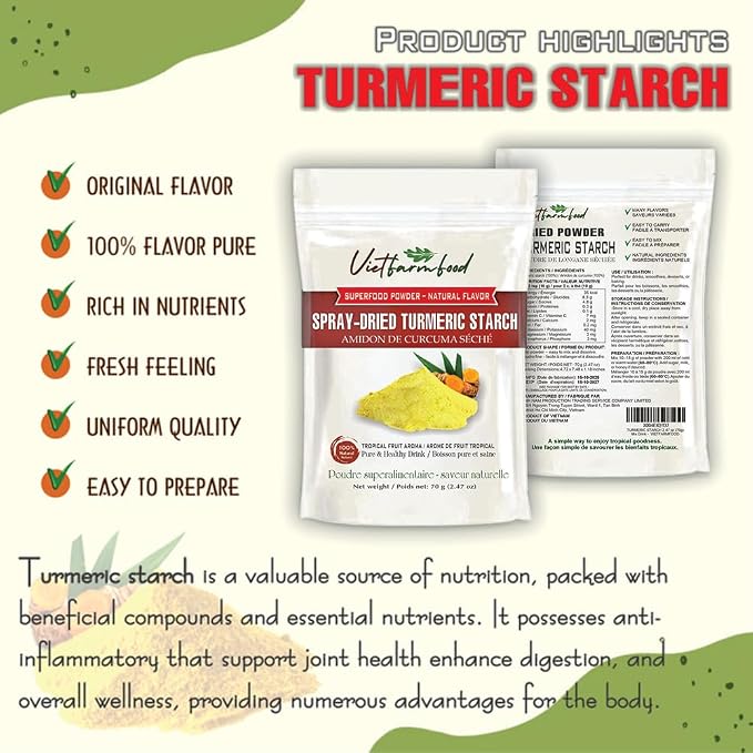 TURMERIC STARCH 2.47 oz (70g) VIETFARMFOOD: Pure freeze-dried vegetable powder, made from real vegetables with no added sugar - Perfect for daily nutrition to keep your body full of vitality