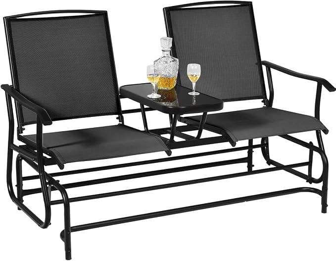 Giantex Patio Bench Glider Chair with Metal Frame, Center Tempered Glass Table, Outside Double Rocking Swing Loveseat for Porch, Garden, Poolside, Balcony, Lawn Rocker Outdoor Glider Bench(Black)