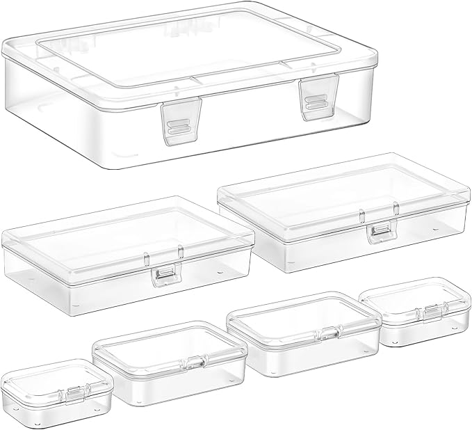 7 Pack Mixed Sizes Rectangular Mini Plastic Containers Clear Plastic Storage Boxes with Hinged Lids Empty Beads Organizers for Small Items Art Craft Jewelry Projects