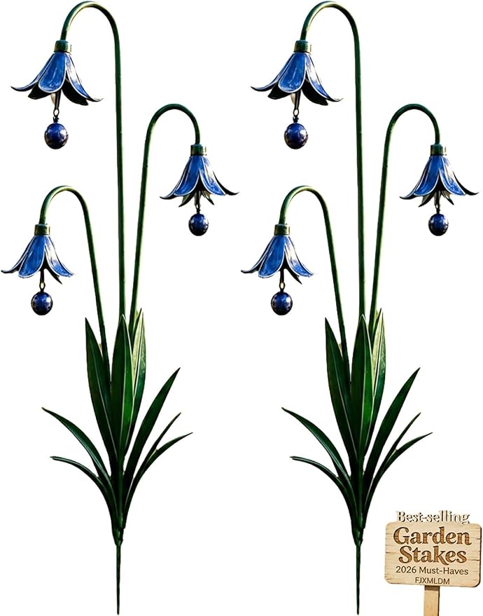 2026 New Triple Bluebell Garden Stake with Bells, Handmade 26inch Metal Rain Chimes Flower Plant Sculpture Yard Decorations Outdoor Rustic Wind Chime Ornament Gift for Walkways Patios Lawn