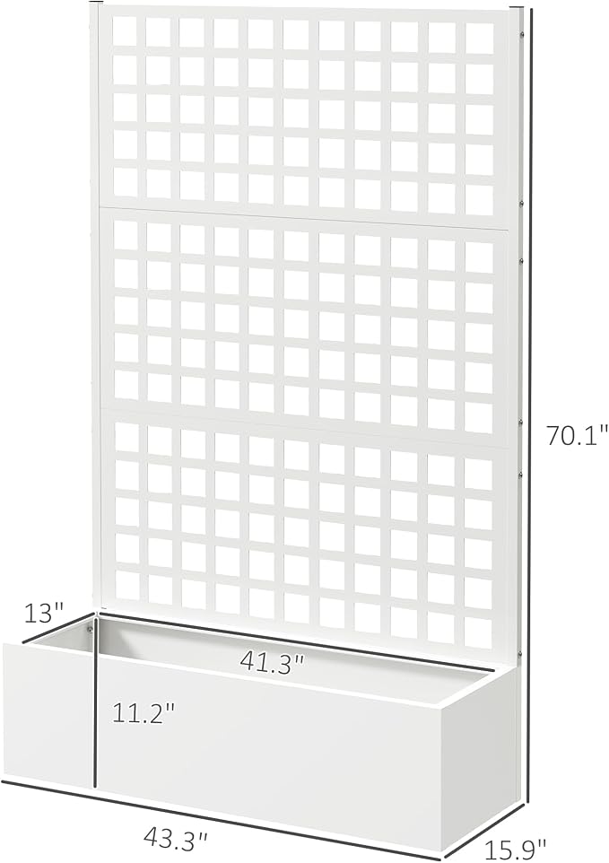 Outsunny Galvanized Raised Garden Bed with Trellis, Metal Planter Box with Drainage Holes, Outdoor Privacy Screen for Climbing Plants, Vegetable, Vines, 43" x 16" x 70", White