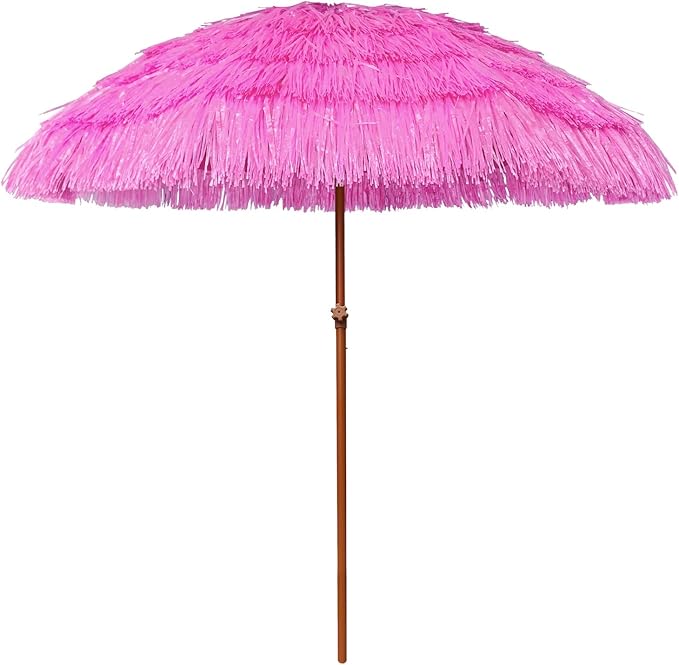 AMMSUN 7.5ft Hula Thatched Tiki Patio Beach Umbrella Hawaiian Style 10 Ribs UPF 50+ with Tilt Carry Bag for Outdoor Tiki Bar, Tropical Palapa, Patio Garden Beach Pool Backyard Pink