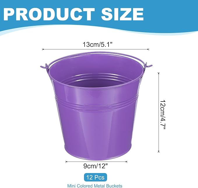 PATIKIL 5.1"x4.7" Small Metal Buckets with Handle, 12 Pcs Mini Galvanized Bucket Colorful Easter Buckets for Crafts Party Favors Decoration, Dark Purple