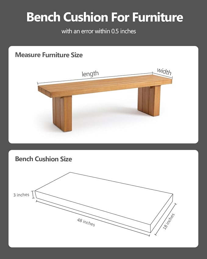 48x18x3“ Outdoor Bench Cushion, Strengthen Waterproof Seat Cushions, High-Density Bench Pad with Anti-Slip Bottom, Outdoor Cushion for Patio Garden Swing Furniture (Grey)