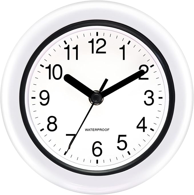 Caysie 6.5 Inch Sealed Small Indoor Outdoor Clock Waterproof, Hanging or Standing Silent Battery Operated Wall Clocks for Pool Patio Bathroom Shower (White)