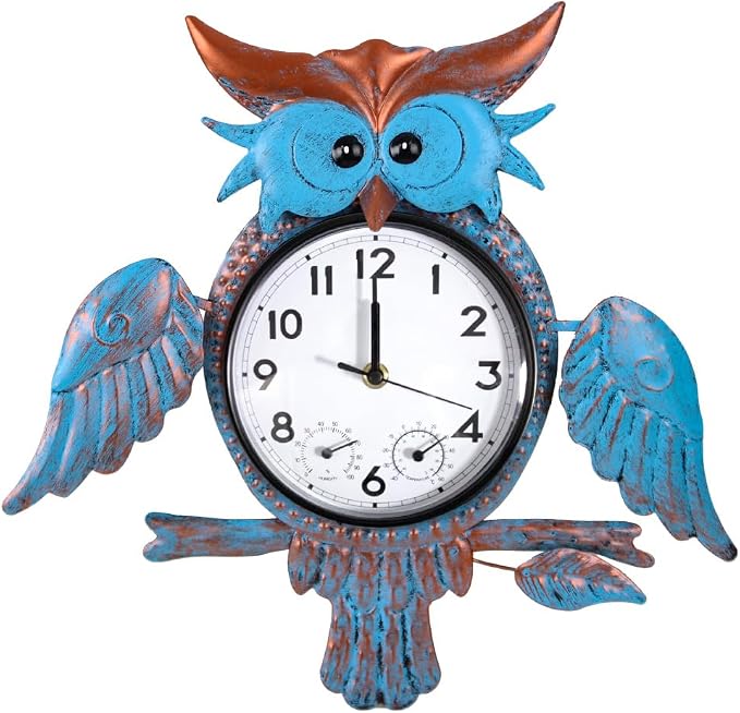 Outdoor Clock Silent Non-Ticking, Outdoor Wall Clocks with Thermometer & Humidity, Quartz Clocks Waterproof Decor for Patio Garden Living Room（Blue Owl）