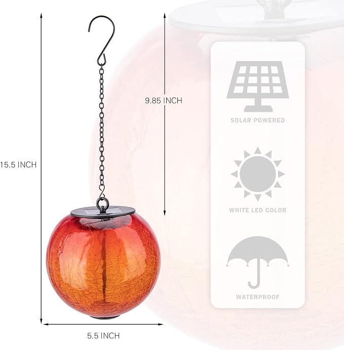 Mosaic Solar Hanging Lantern Orange Glass Outdoor Waterproof Solar Lights | Hanging Solar Lights for Outside, Cracked Mosaic Ball Lights Solar Powered Waterproof Garden Lights Housewarming Gifts