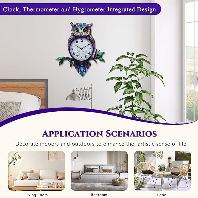 Large Outdoor Clock with Thermometer & Humidity, Owl Outdoor Wall Clock Silent No-Ticking Outside Clock for Patio, Living Room, Kitchen