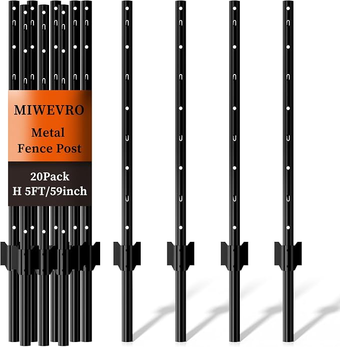 20 Pack Metal Garden Fence Posts 5 FT Black – Heavy Duty U-Post for Wire Fencing, No-Dig Fence Stakes for Temporary Fencing, Corner Anchor Posts, Rustproof Powder-Coated Steel for Farm, Yard & Garden
