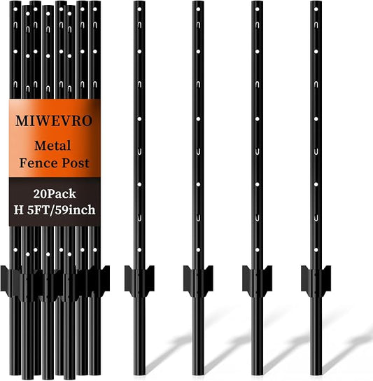 20 Pack Metal Garden Fence Posts 5 FT Black – Heavy Duty U-Post for Wire Fencing, No-Dig Fence Stakes for Temporary Fencing, Corner Anchor Posts, Rustproof Powder-Coated Steel for Farm, Yard & Garden