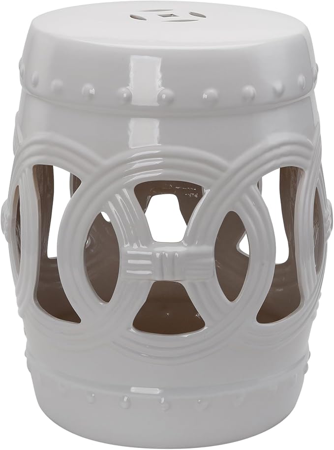 Outsunny 14" x 17" Ceramic Garden Stool with Double-Coin Knotted Ring Design & Strong Glazed Material, Decorative Outdoor Stool, Home Collection, White