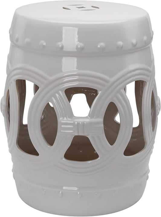 Outsunny 14" x 17" Ceramic Garden Stool with Double-Coin Knotted Ring Design & Strong Glazed Material, Decorative Outdoor Stool, Home Collection, White