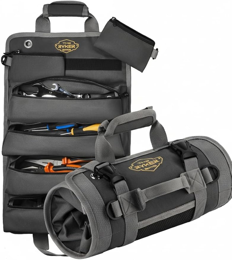 The Ryker Bag Black Roll Up Tool Bag Organizer – Heavy Duty Motorcycle Tool Roll with Detachable Pouches for Mechanics, Electricians, Plumbers & DIY Storage, Practical Gift for Dad (Black)