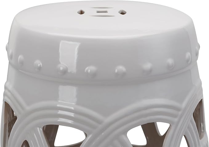 Outsunny 14" x 17" Ceramic Garden Stool with Double-Coin Knotted Ring Design & Strong Glazed Material, Decorative Outdoor Stool, Home Collection, White