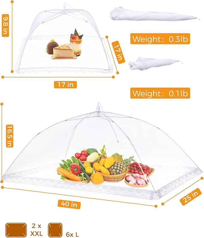 Anpro Food Covers for Outdoors- 2 Extra Large (40"x25") + 6 Large (17"x17") Pop-Up Mesh Food Tents, Collapsible Reusable Bug-Proof Nets for Picnics, BBQs & Camping, Stainless Steel Frame