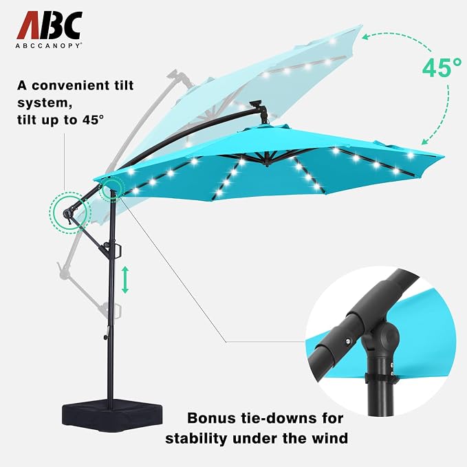 ABCCANOPY 10FT LED Patio Umbrellas Cantilever Umbrella with base, 360° Rotation Outdoor Lighted Offset Umbrella Bonus Fix Frame & Weights Bag for Backyard, Deck, Poolside (Turquoise)