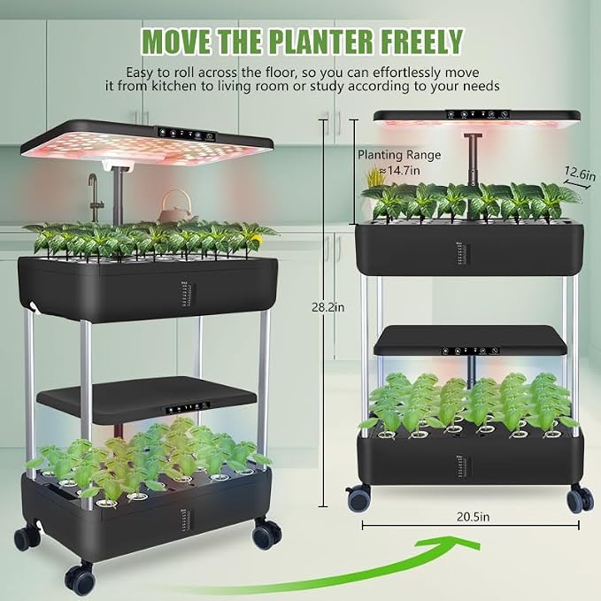 Indoor Hydroponic Garden System, 3-Tier Mobile Growing Cart with LED Lights, Adjustable Shelves, Black (2 Tiers_White)